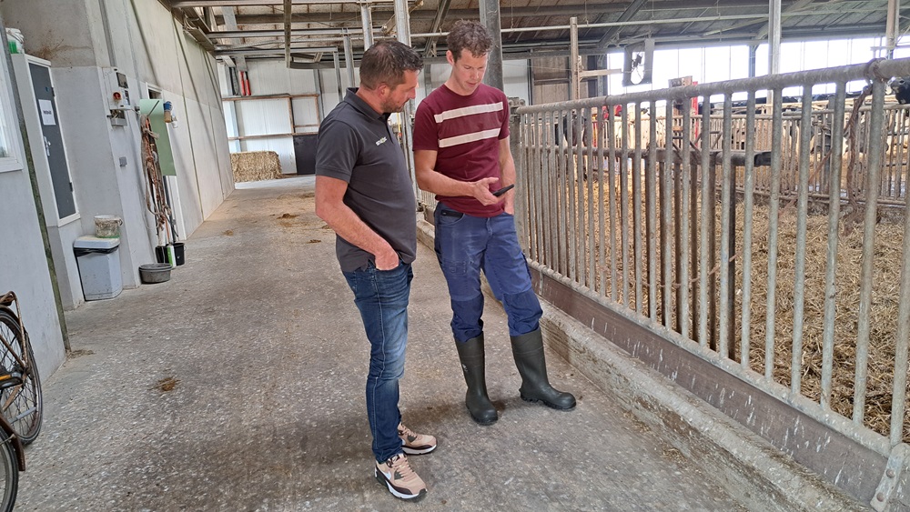 Alfred van der Zijl van smaXtec en melkveehouder Jeroen Lohuis (rechts) maken een rondje door de stal met de app van smaXtec bij de hand.