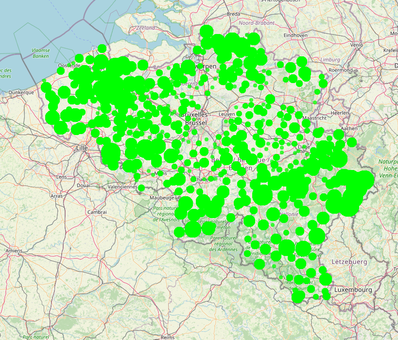 Kaart van het aantal positieve gevallen van blauwtong in België sinds het begin van de uitbraak (oktober 2023 tot 18 december 2024) (Bron: Sciensano).